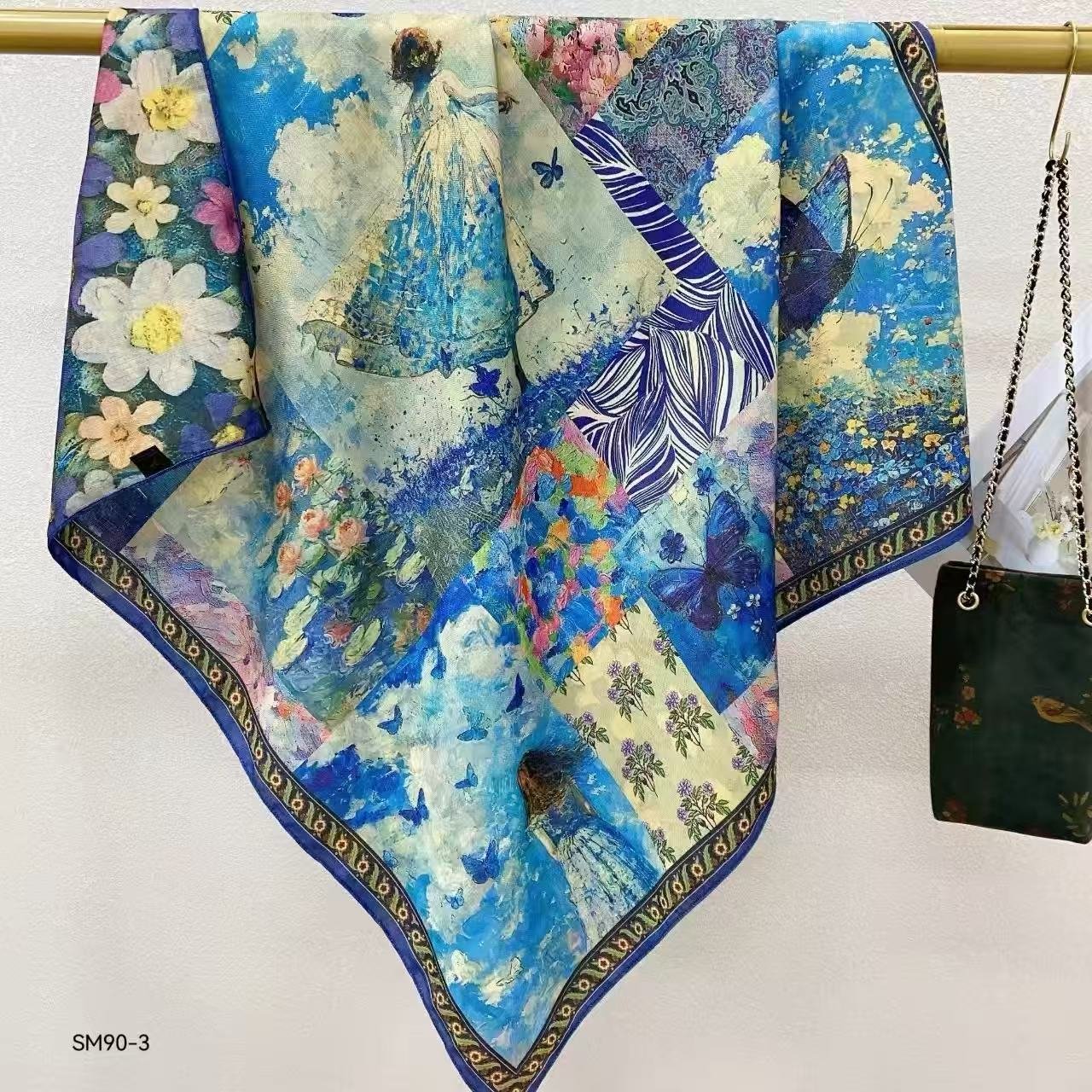 Colourful silk scarf with floral and painterly details
